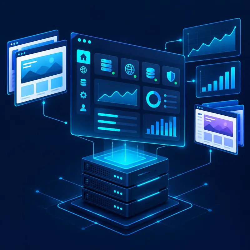 Web hosting dashboard above a server