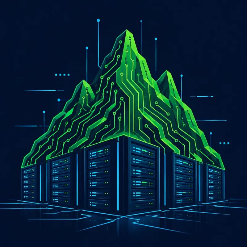 Illustration of a mountain over server racks