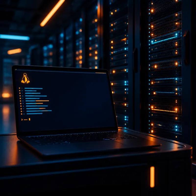 Linux terminal in a server room