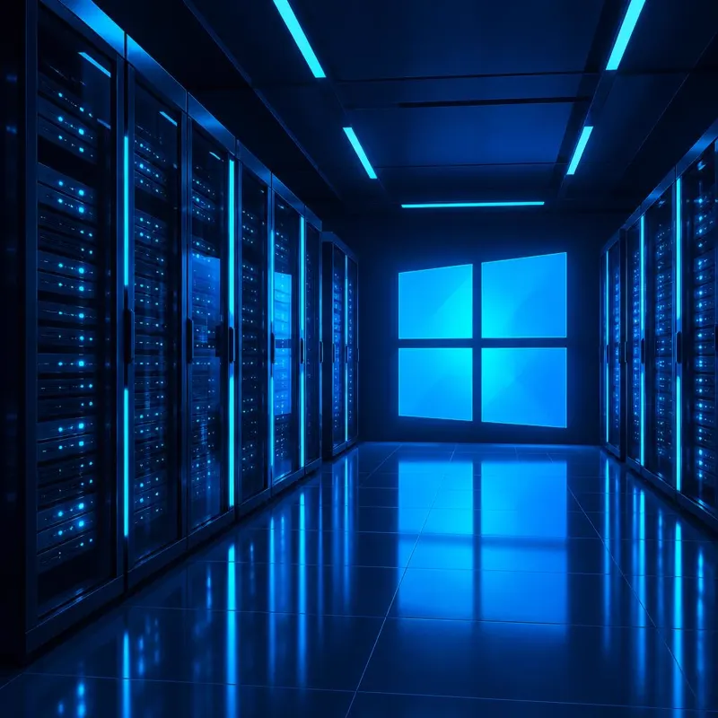 Server room with glowing blue panels